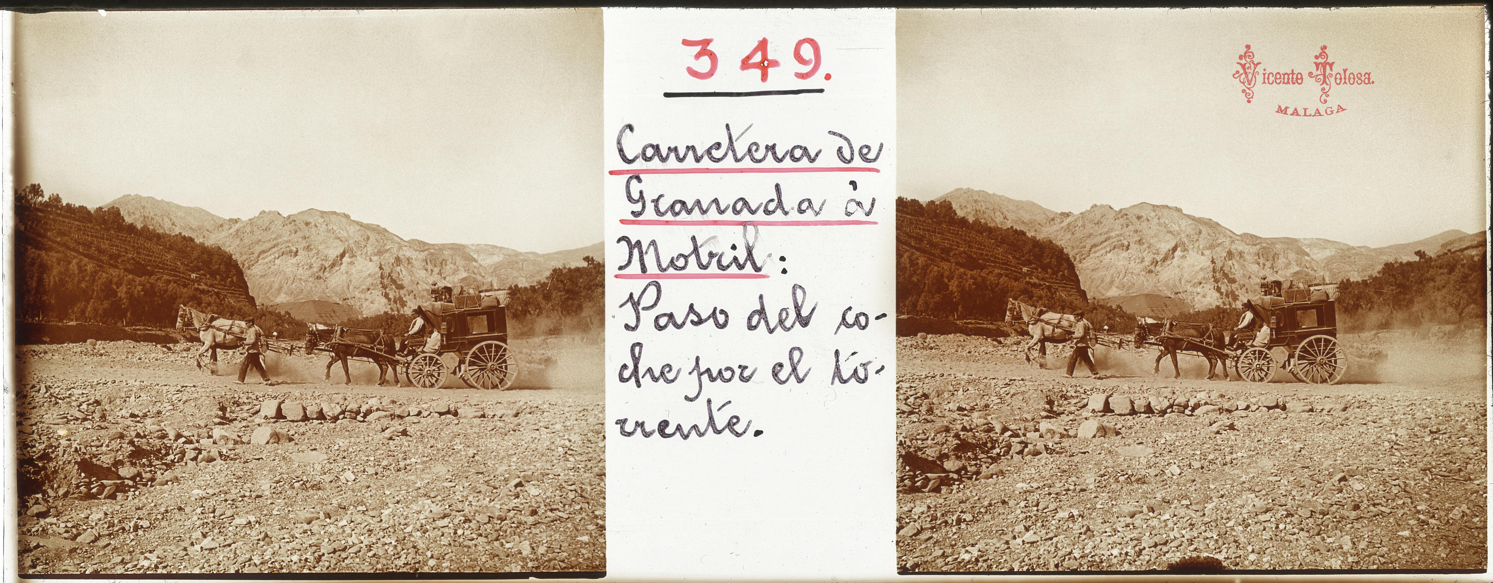 Carretera de Granada a Motril: Paso del coche por el torrente. 1905