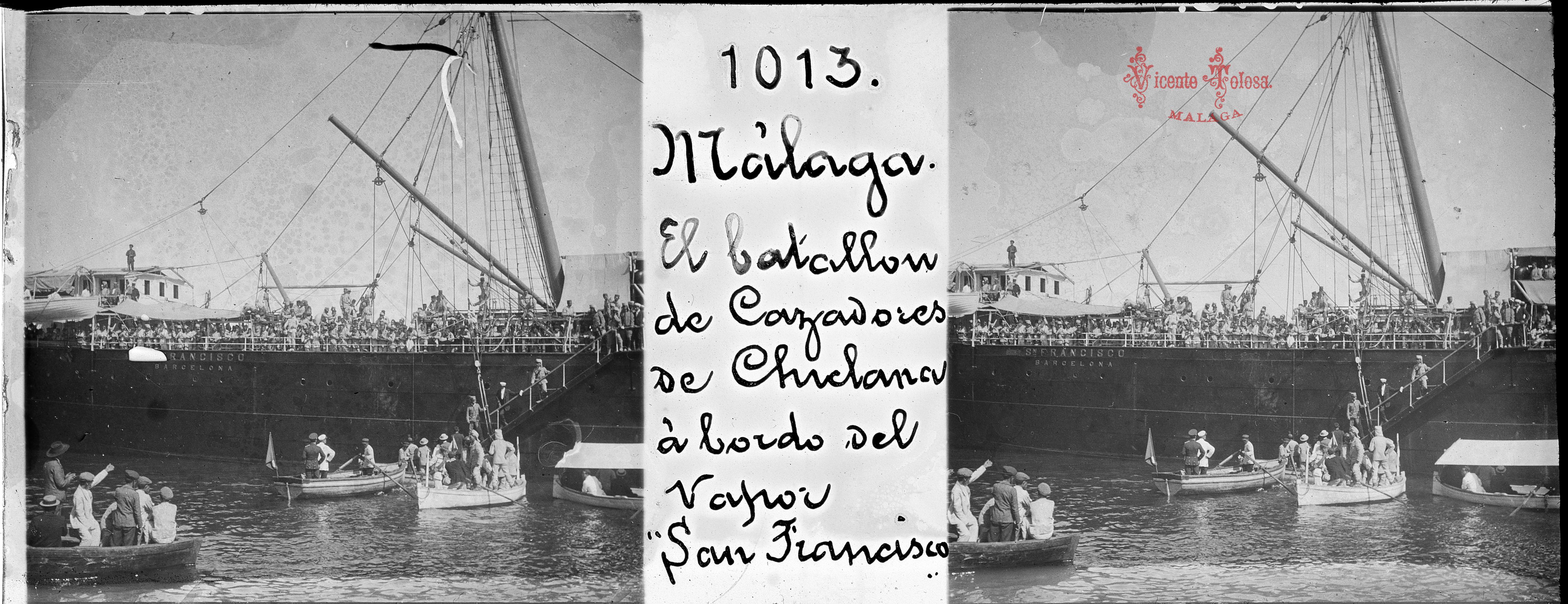 Malaga: Cazadores de Chiclana a bordo del vapor San Francisco. 1909