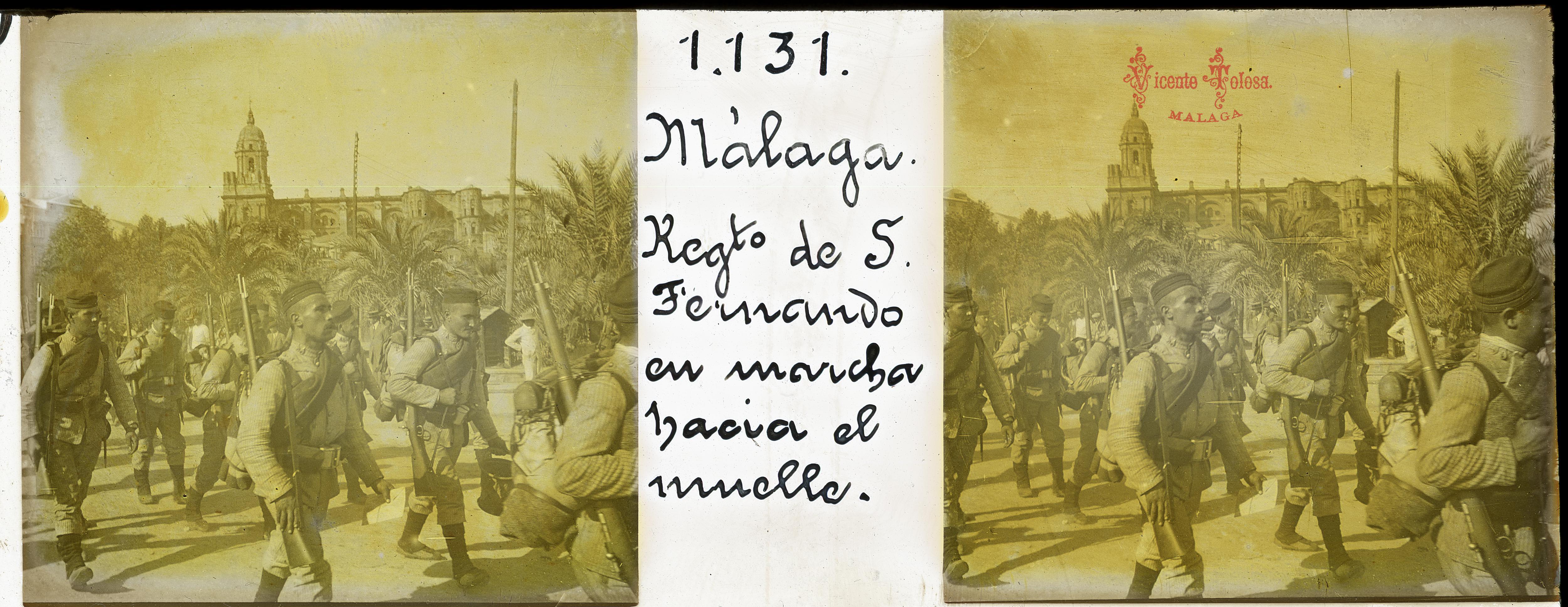 Malaga: Regimiento de S. Fernando en marcha hacia el muelle. 1910