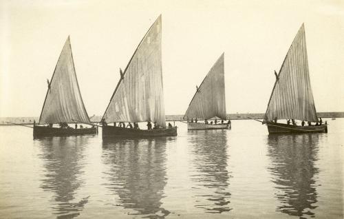 Malaga: Barcas de pareja del bou regresando al puerto. 1906. Papel